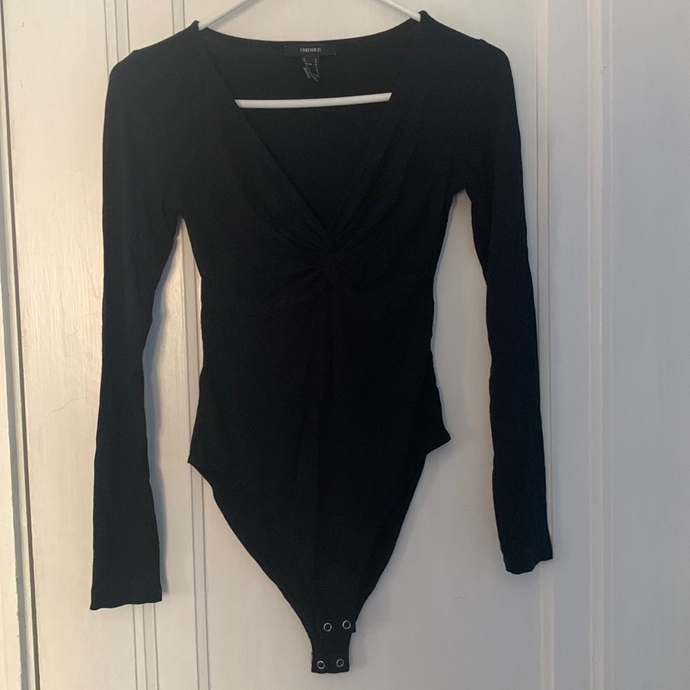 Forever 21 Long Sleeve Front Knot Black Bodysuit